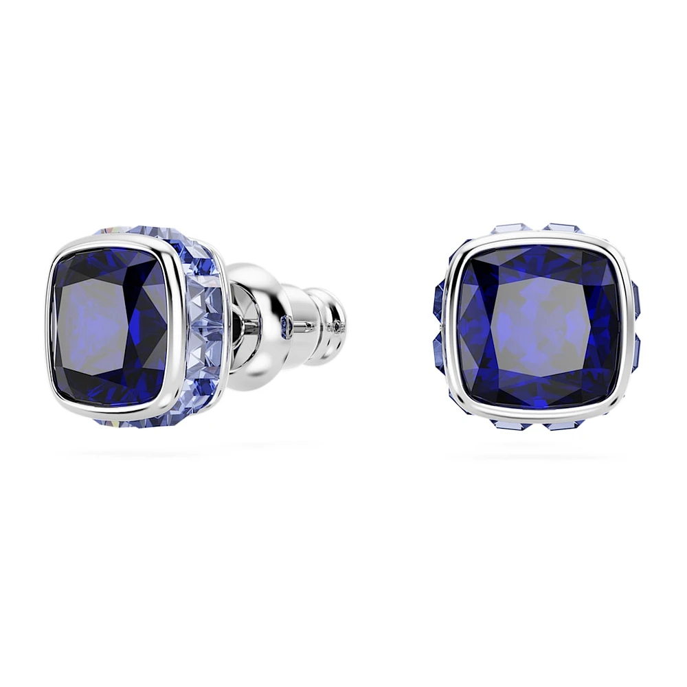 Birthstone stud earrings, Square cut, September, Blue, Rhodium plated by SWAROVSKI