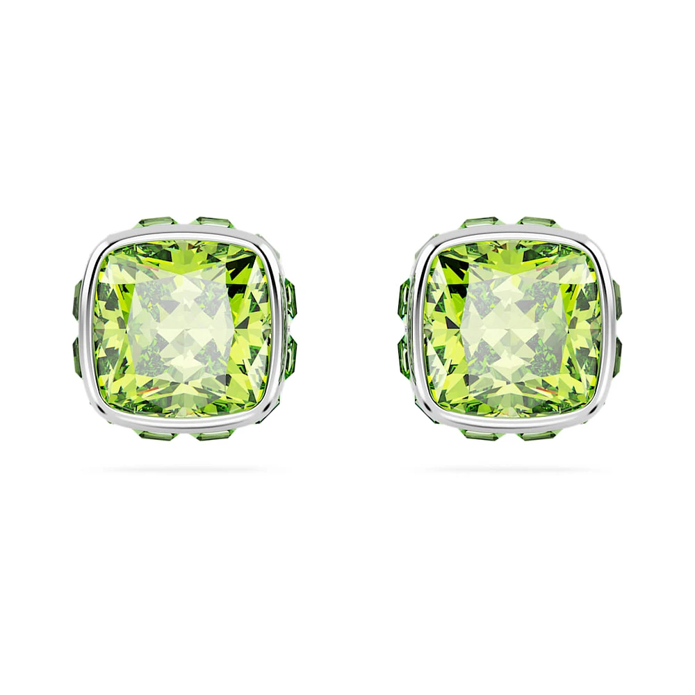 Birthstone stud earrings, Square cut, August, Green, Rhodium plated by SWAROVSKI