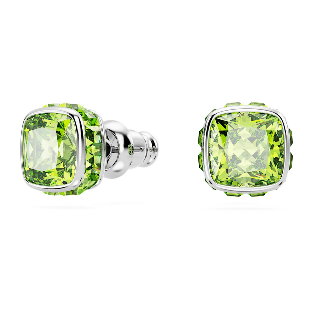 Birthstone stud earrings, Square cut, August, Green, Rhodium plated by SWAROVSKI