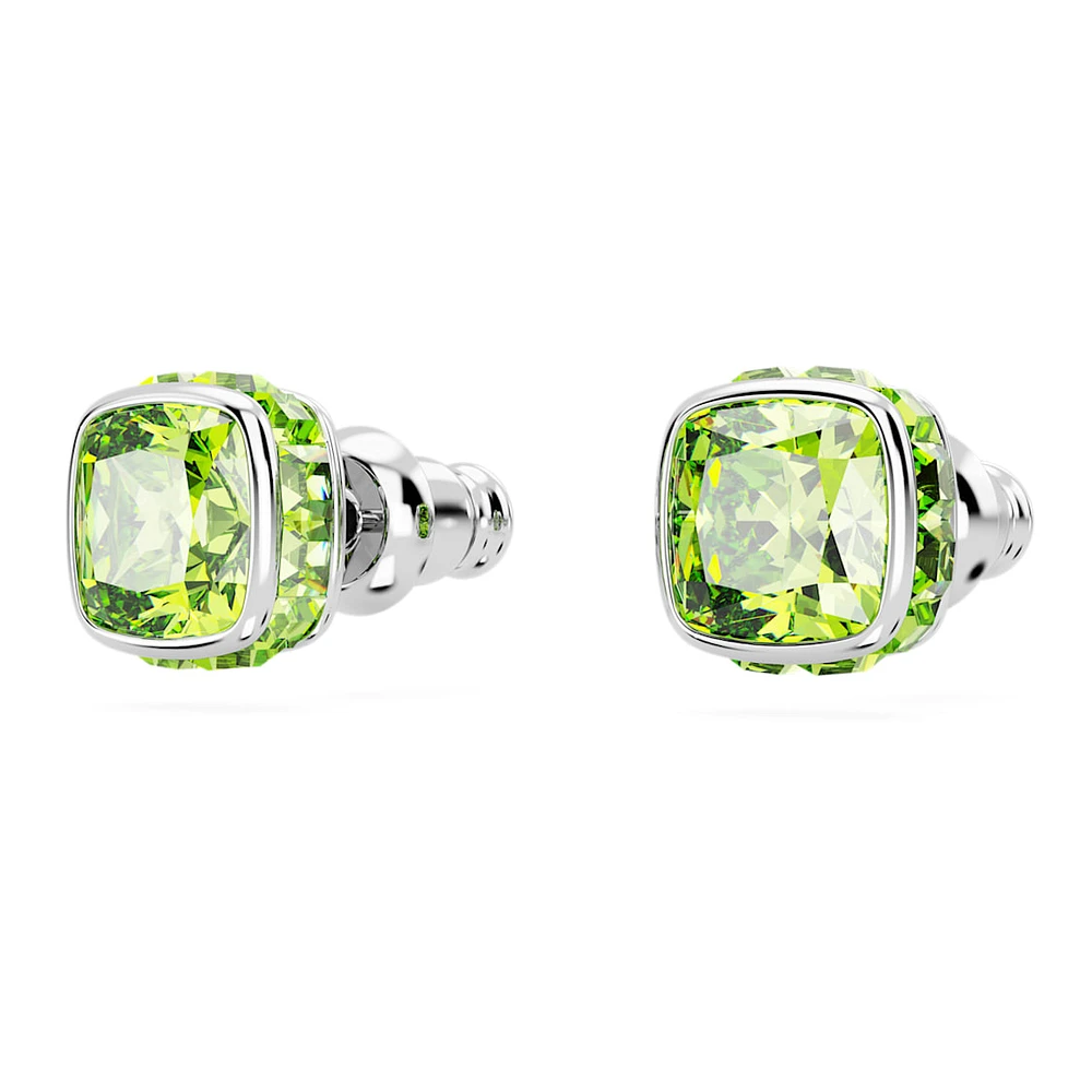 Birthstone stud earrings, Square cut, August, Green, Rhodium plated by SWAROVSKI