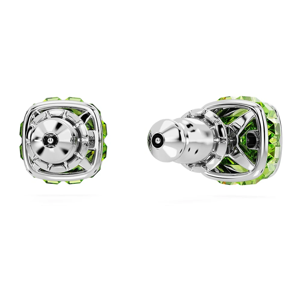 Birthstone stud earrings, Square cut, August, Green, Rhodium plated by SWAROVSKI