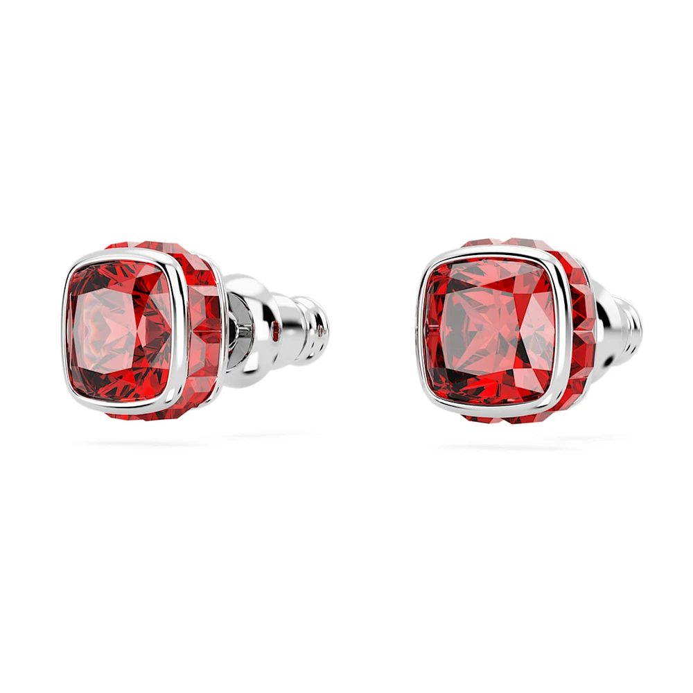 Birthstone stud earrings, Square cut, July, Red, Rhodium plated by SWAROVSKI