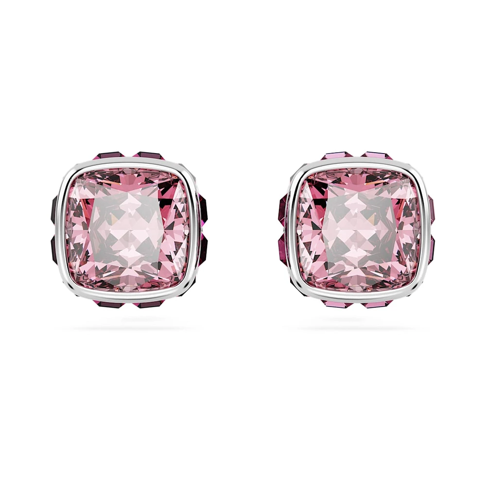 Birthstone stud earrings, Square cut, October, Pink, Rhodium plated by SWAROVSKI