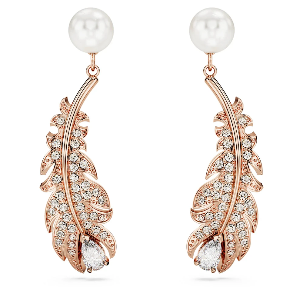 Nice drop earrings, Crystal pearl, Mixed cuts, Feather, White, Rose gold-tone plated by SWAROVSKI