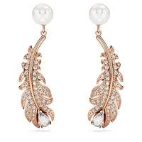 Nice drop earrings, Crystal pearl, Mixed cuts, Feather, White, Rose gold-tone plated by SWAROVSKI