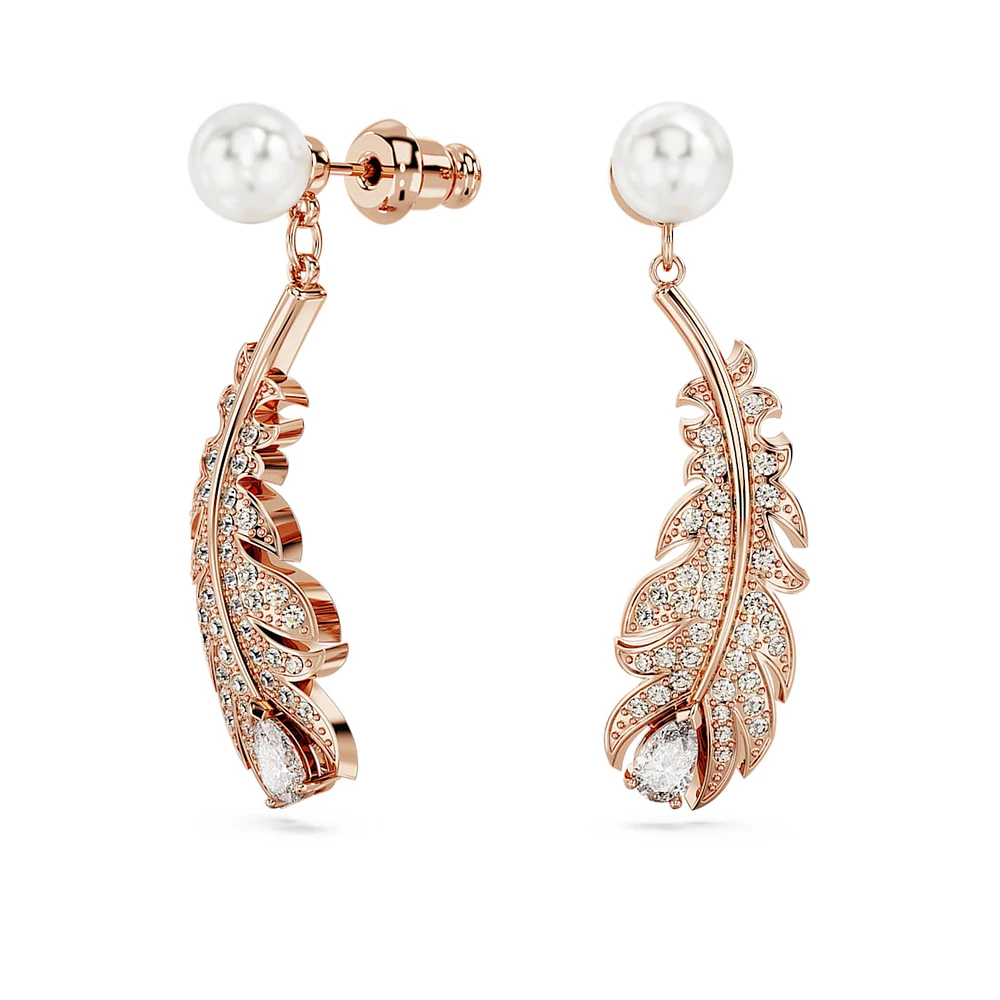 Nice drop earrings, Crystal pearl, Mixed cuts, Feather, White, Rose gold-tone plated by SWAROVSKI