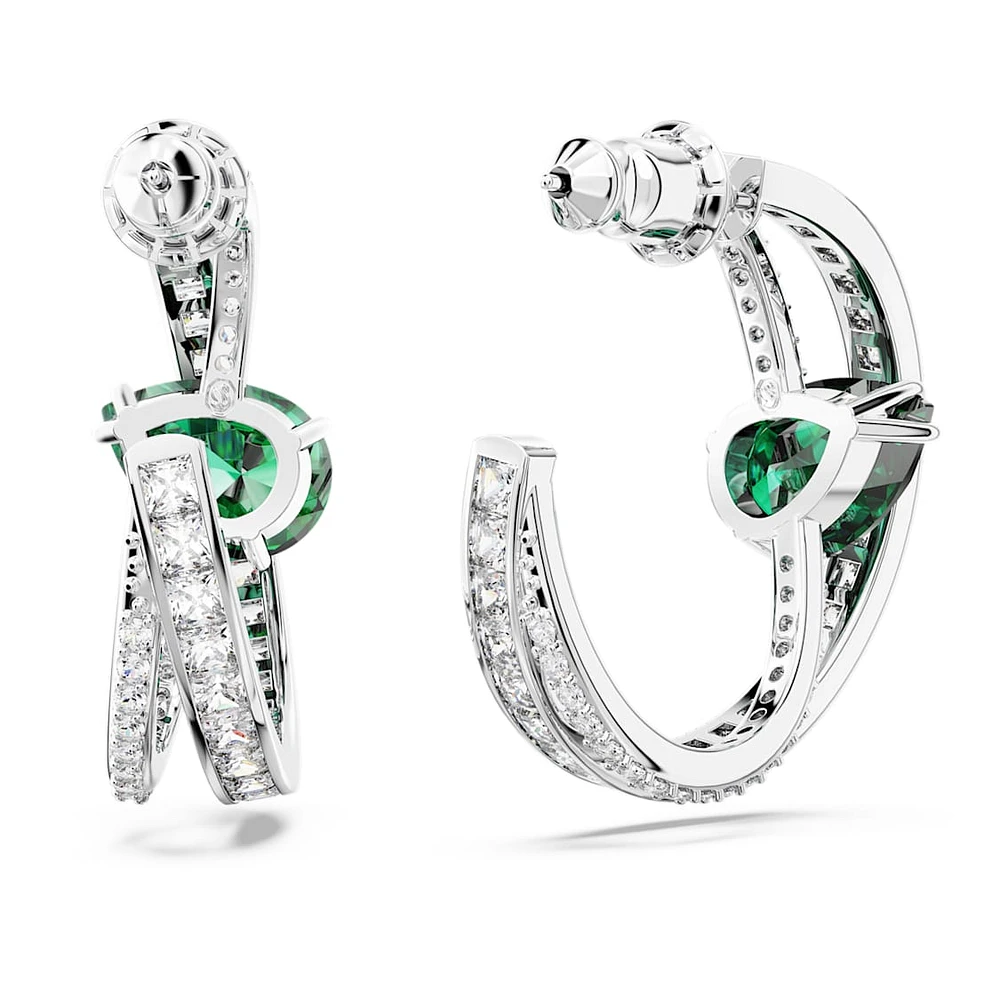 Hyperbola hoop earrings, Mixed cuts, Green, Rhodium plated by SWAROVSKI