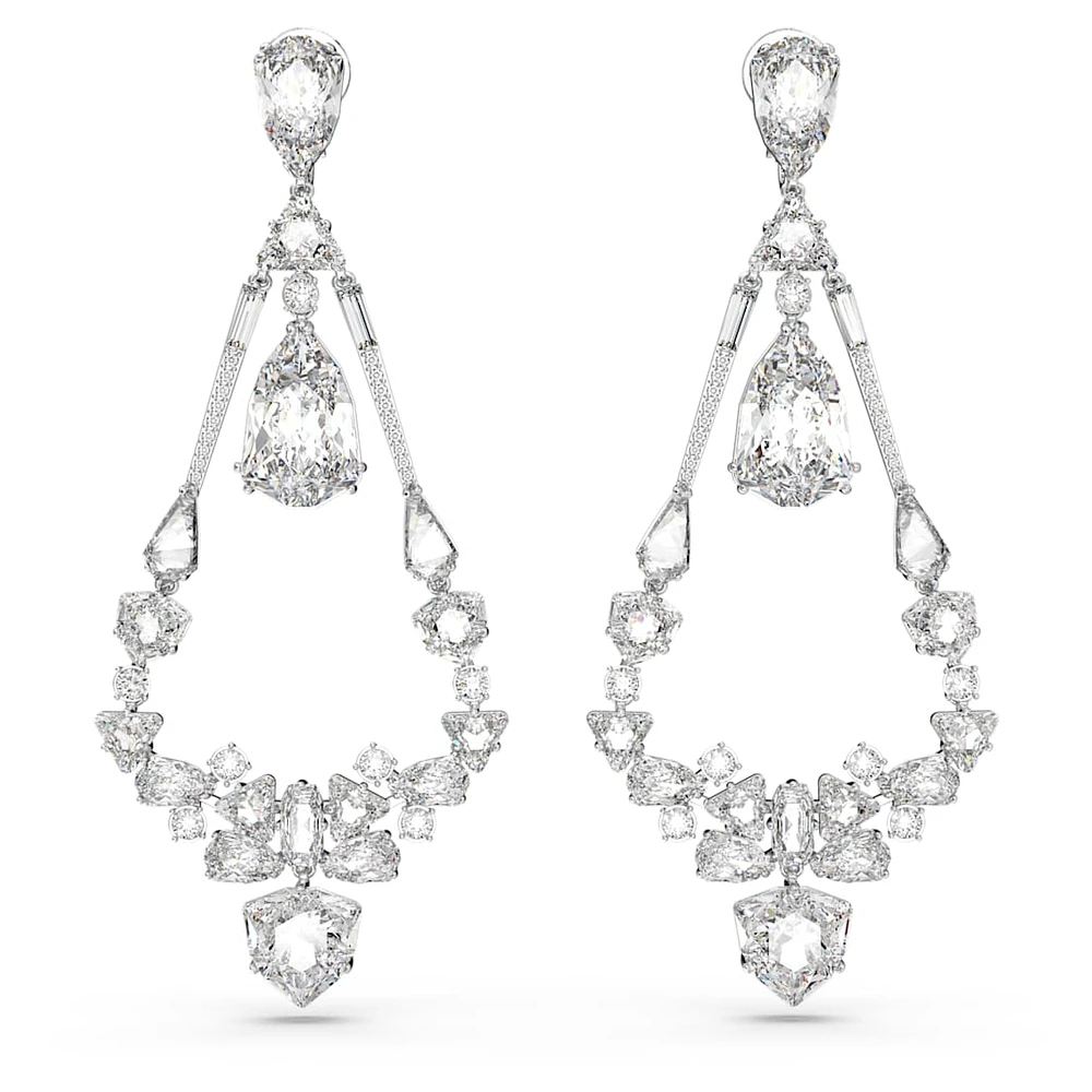 Mesmera clip earrings, Mixed cuts, Chandelier, Long, White, Rhodium plated by SWAROVSKI