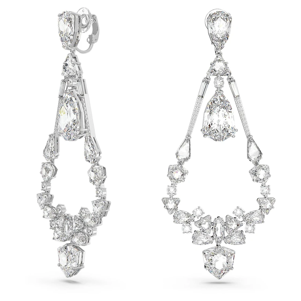 Mesmera clip earrings, Mixed cuts, Chandelier, Long, White, Rhodium plated by SWAROVSKI
