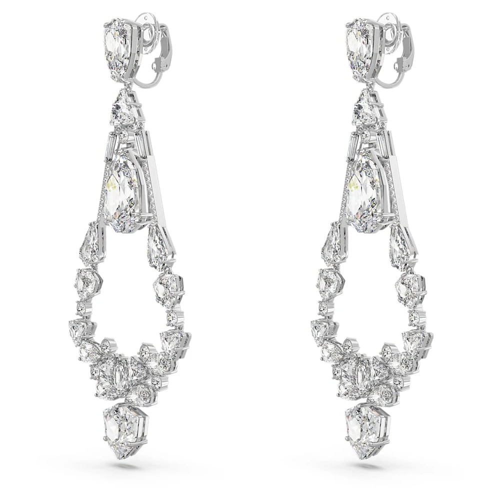 Mesmera clip earrings, Mixed cuts, Chandelier, Long, White, Rhodium plated by SWAROVSKI