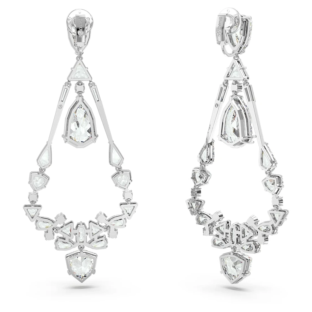 Mesmera clip earrings, Mixed cuts, Chandelier, Long, White, Rhodium plated by SWAROVSKI