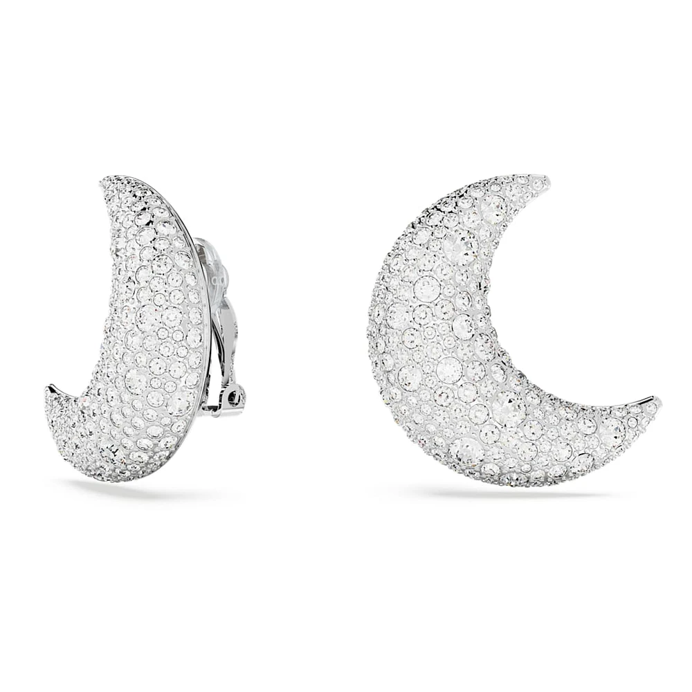 Luna clip earrings, Moon, White, Rhodium plated by SWAROVSKI