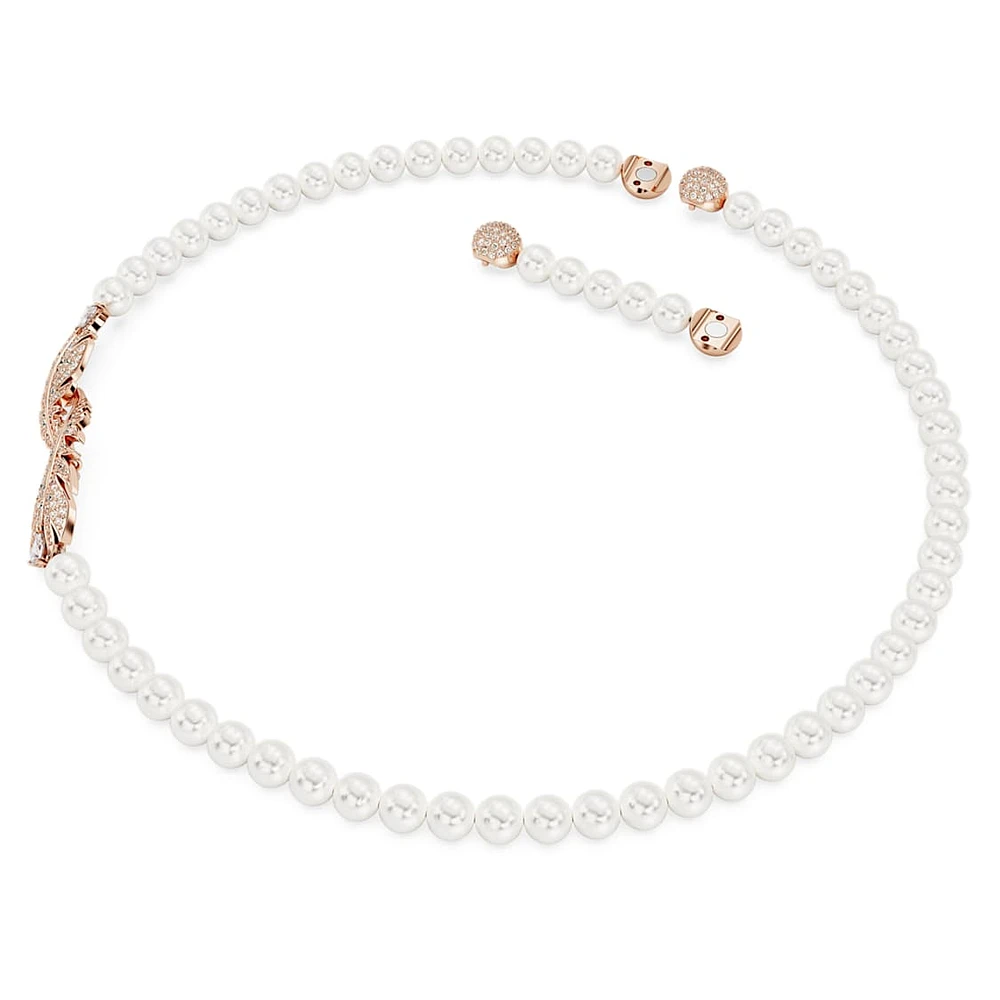 Nice necklace, Crystal pearl, Magnetic closure, Feather, White, Rose gold-tone plated by SWAROVSKI