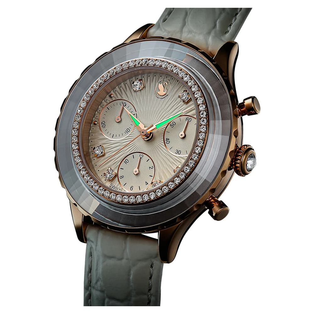Octea Chrono watch, Swiss Made, Leather strap, White, Rose gold-tone finish by SWAROVSKI