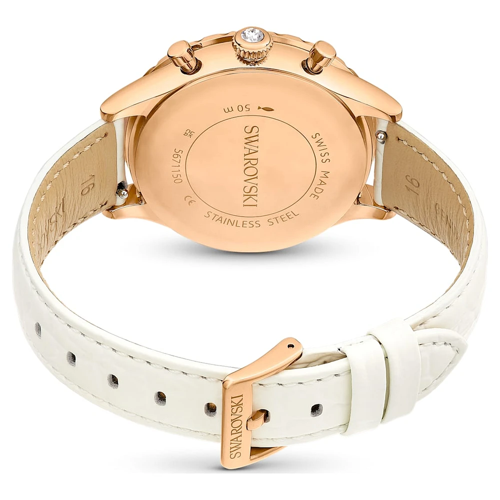 Octea Chrono watch, Swiss Made, Leather strap, White, Rose gold-tone finish by SWAROVSKI