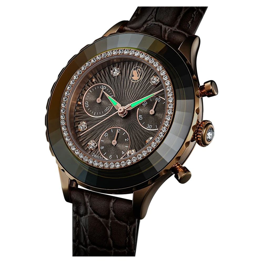 Octea Chrono watch, Swiss Made, Leather strap, Grey, Rose gold-tone finish by SWAROVSKI
