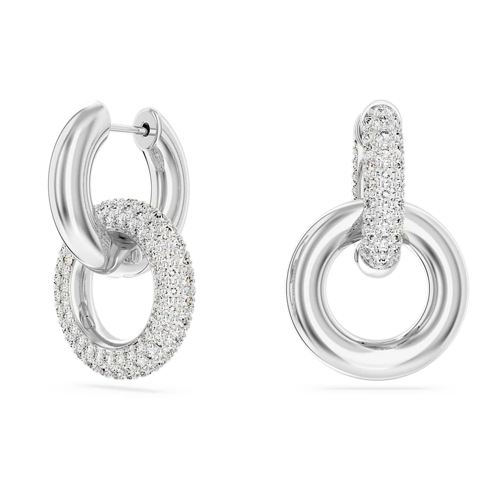 Dextera hoop earrings, Asymmetrical design, Interlocking loop, White, Rhodium plated by SWAROVSKI