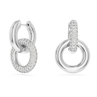 Dextera hoop earrings, Asymmetrical design, Interlocking loop, White, Rhodium plated by SWAROVSKI