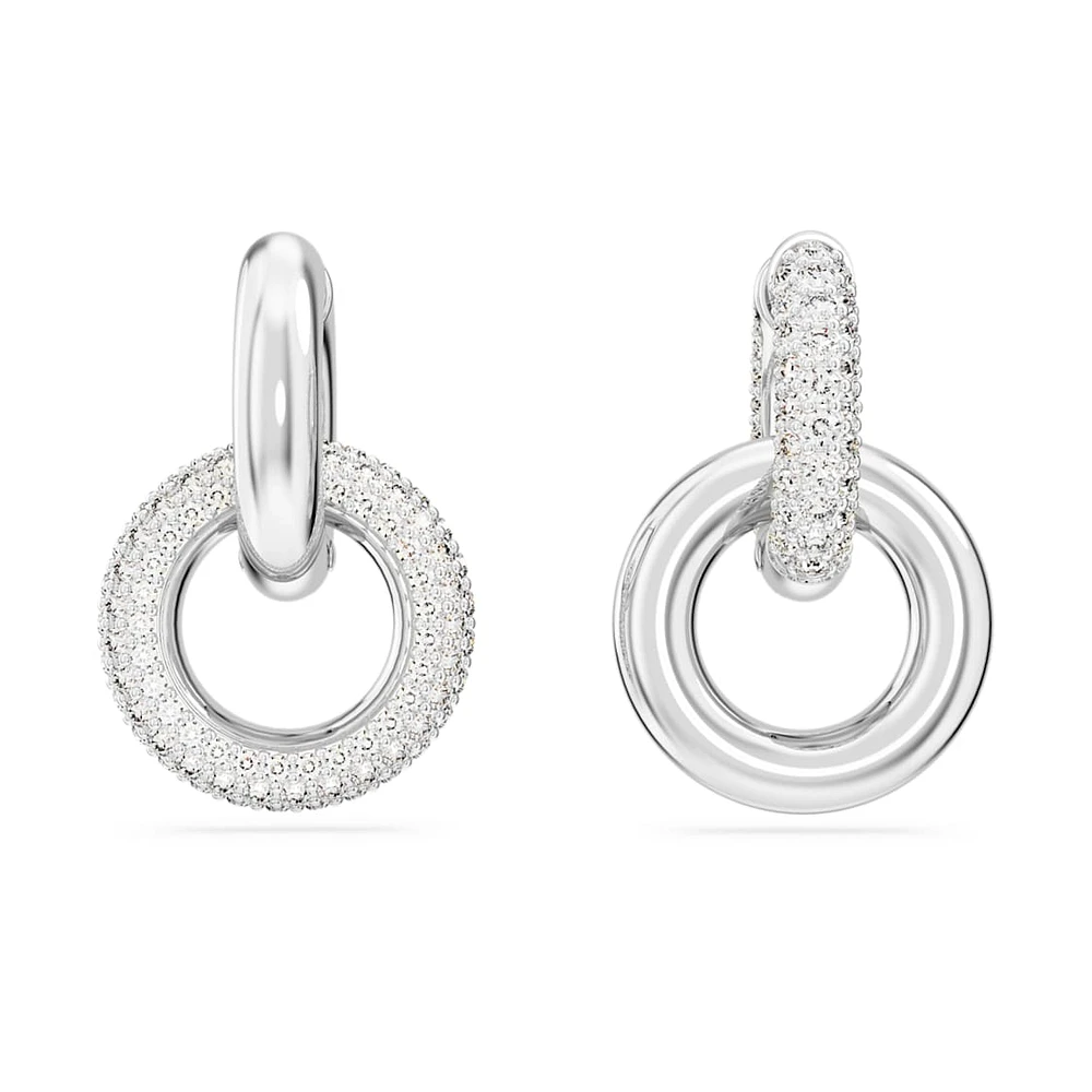 Dextera hoop earrings, Asymmetrical design, Interlocking loop, White, Rhodium plated by SWAROVSKI
