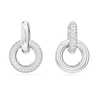 Dextera hoop earrings, Asymmetrical design, Interlocking loop, White, Rhodium plated by SWAROVSKI