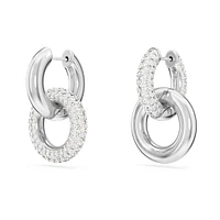 Dextera hoop earrings, Asymmetrical design, Interlocking loop, White, Rhodium plated by SWAROVSKI
