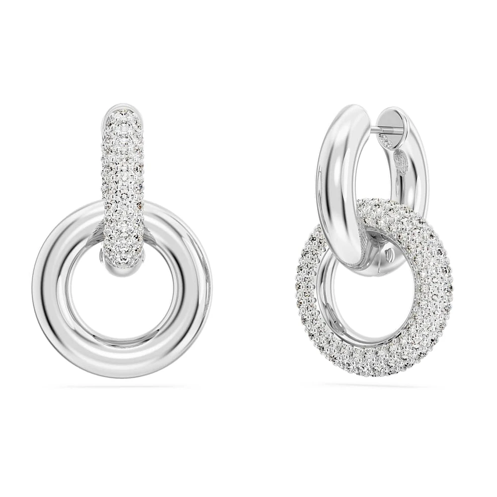 Dextera hoop earrings, Asymmetrical design, Interlocking loop, White, Rhodium plated by SWAROVSKI