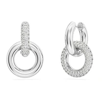 Dextera hoop earrings, Asymmetrical design, Interlocking loop, White, Rhodium plated by SWAROVSKI