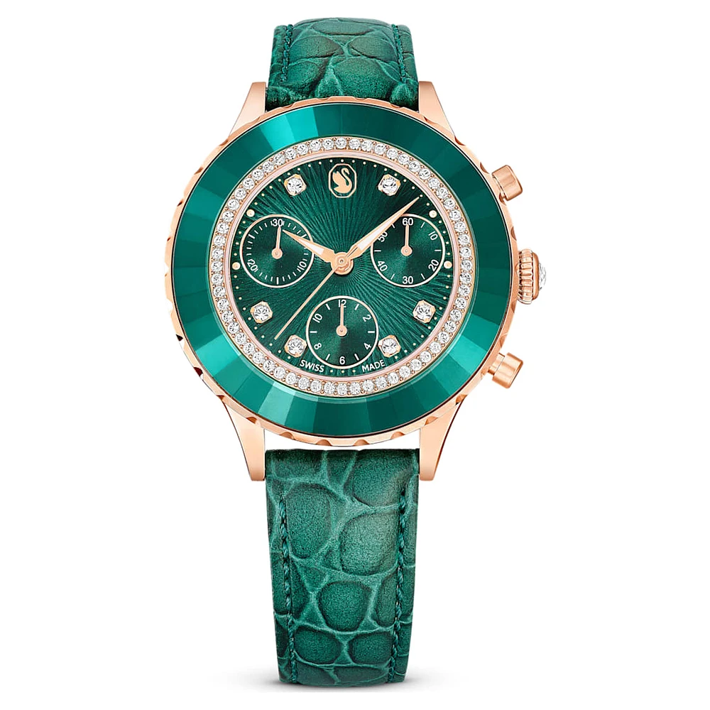 Octea Chrono watch, Swiss Made, Leather strap, Green, Rose gold-tone finish by SWAROVSKI