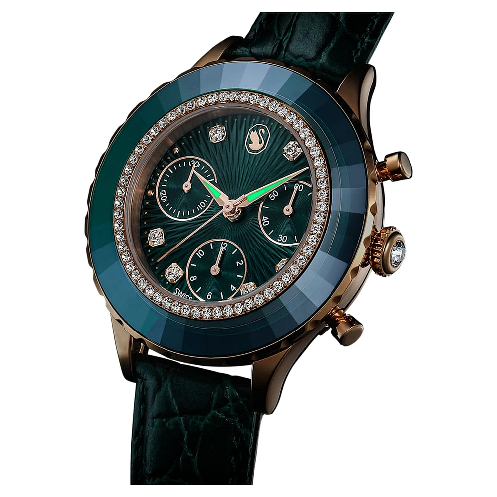 Octea Chrono watch, Swiss Made, Leather strap, Green, Rose gold-tone finish by SWAROVSKI