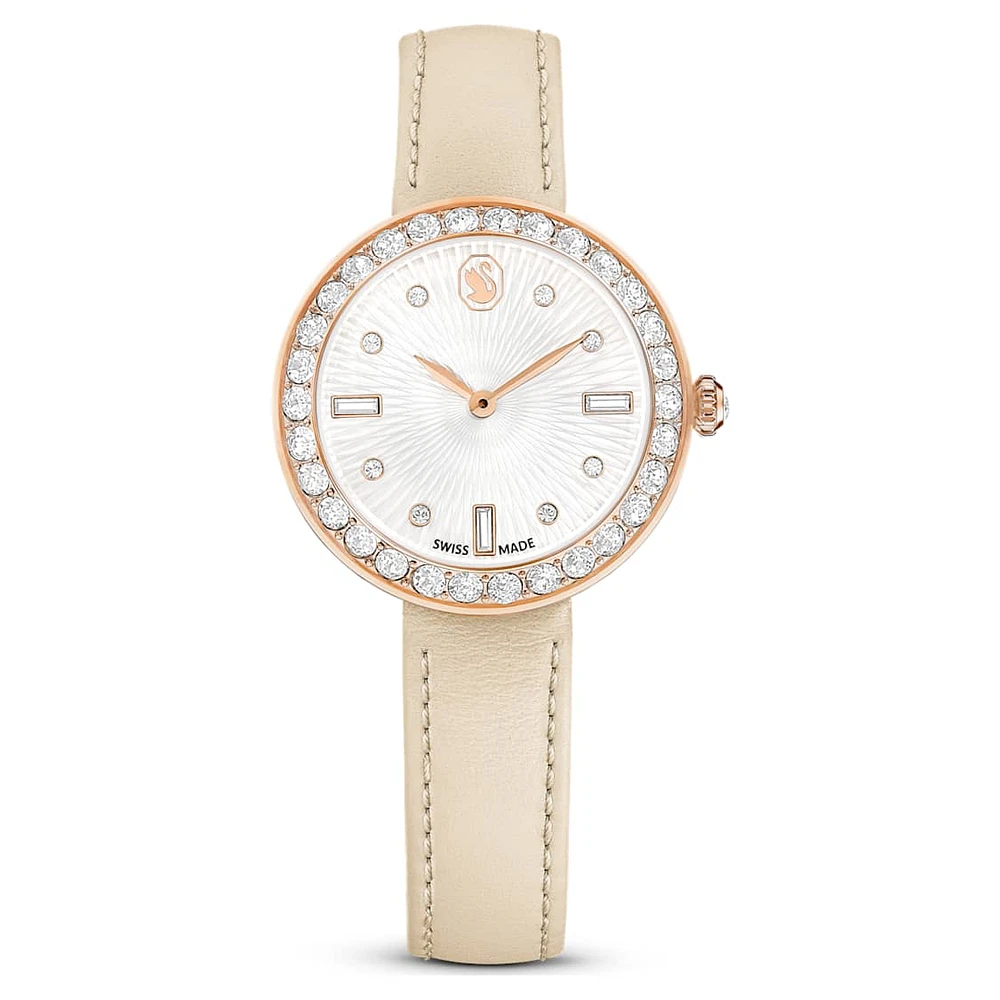 Matrix tennis 7-link watch, Swiss Made, Leather strap, Grey, Rose gold-tone finish by SWAROVSKI