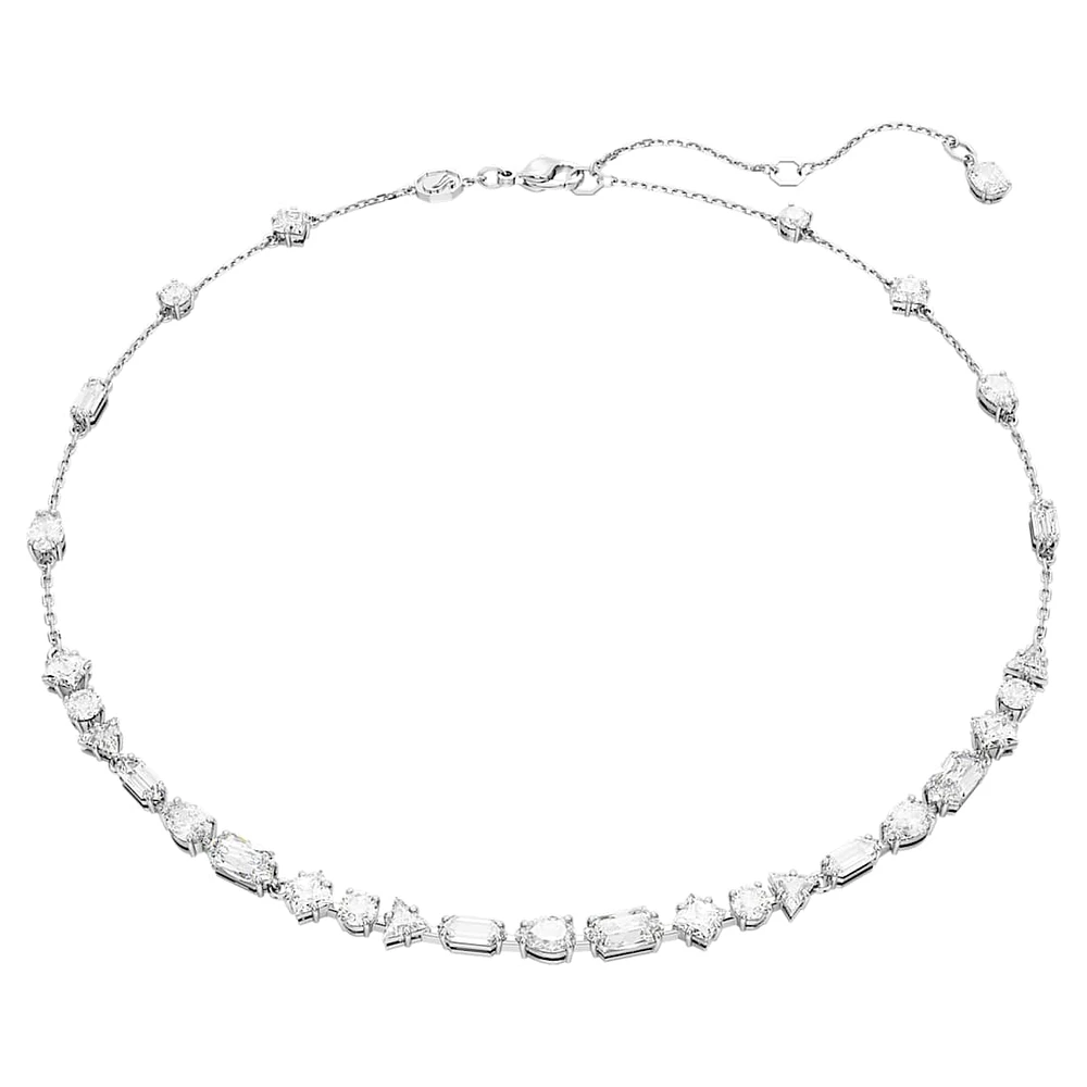 Mesmera necklace, Mixed cuts, Scattered design, White, Rhodium plated by SWAROVSKI