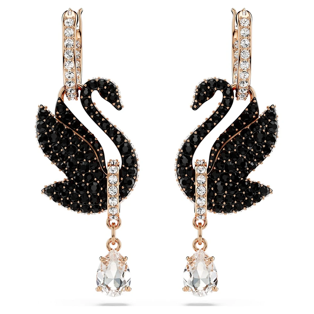 Swan drop earrings, Swan, Black, Rose gold-tone plated by SWAROVSKI