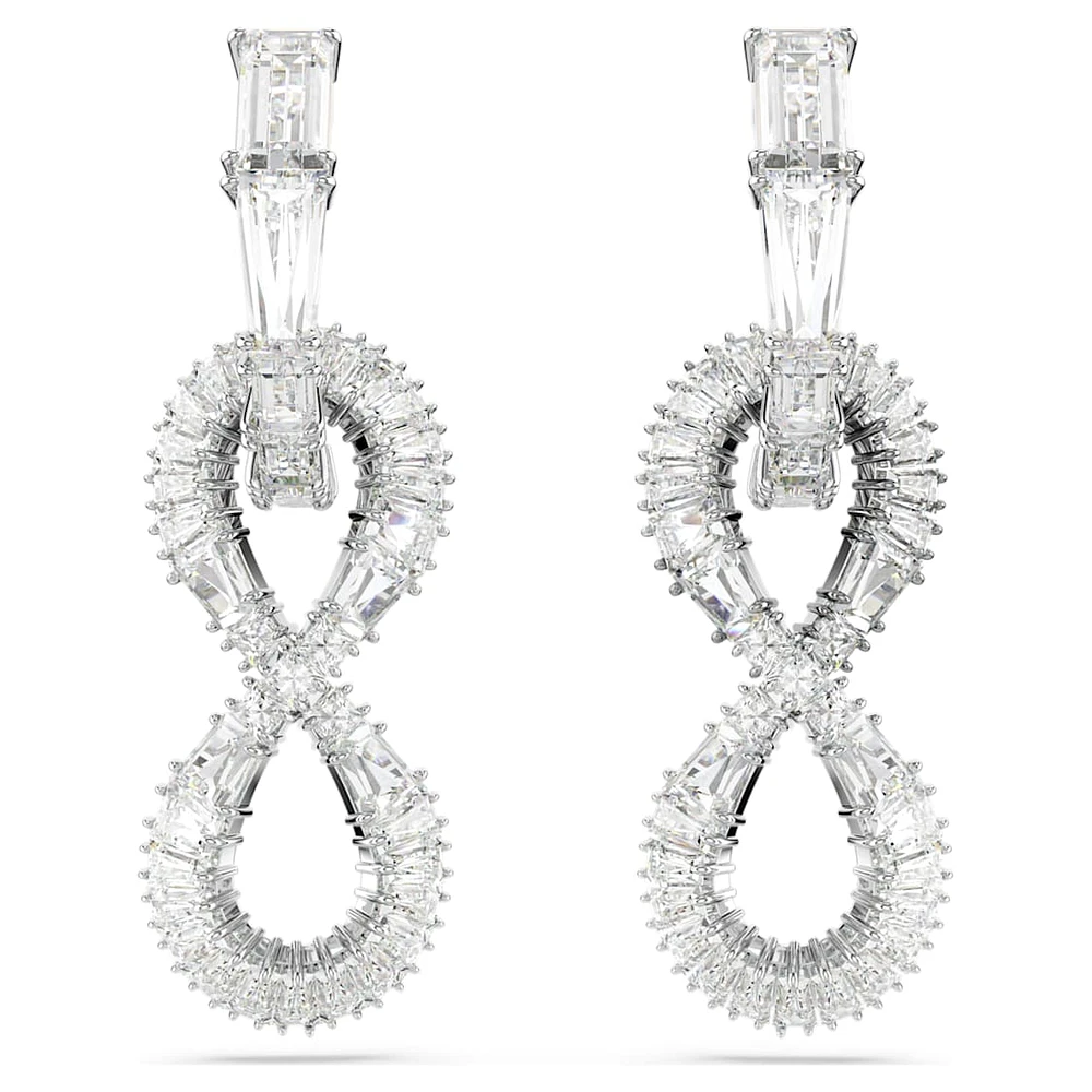 Hyperbola drop earrings, Infinity, White, Rhodium plated by SWAROVSKI