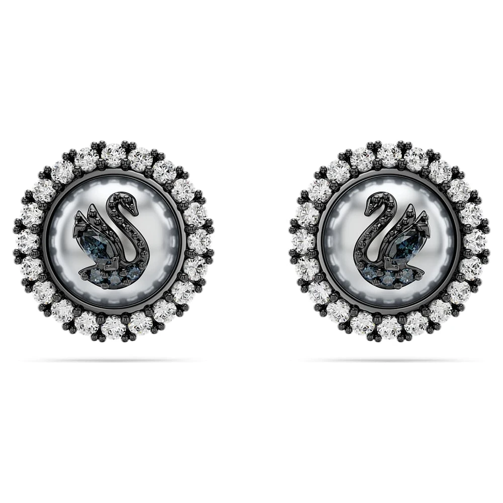 Swarovski Swan stud earrings, Crystal pearl, Swan, Grey, Ruthenium plated by SWAROVSKI