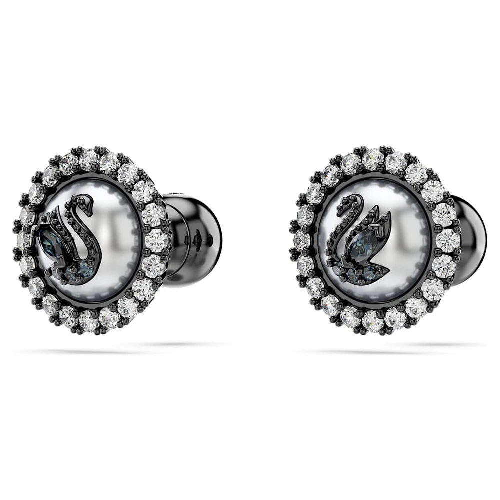 Swarovski Swan stud earrings, Crystal pearl, Swan, Grey, Ruthenium plated by SWAROVSKI