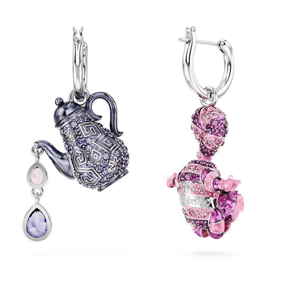 Alice in Wonderland drop earrings, Asymmetrical design, Cat and teapot, Multicoloured, Rhodium plated by SWAROVSKI