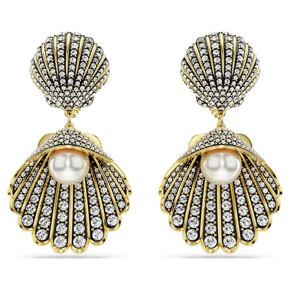 Idyllia clip earrings, Crystal pearl, Shell, White, Gold-tone plated by SWAROVSKI