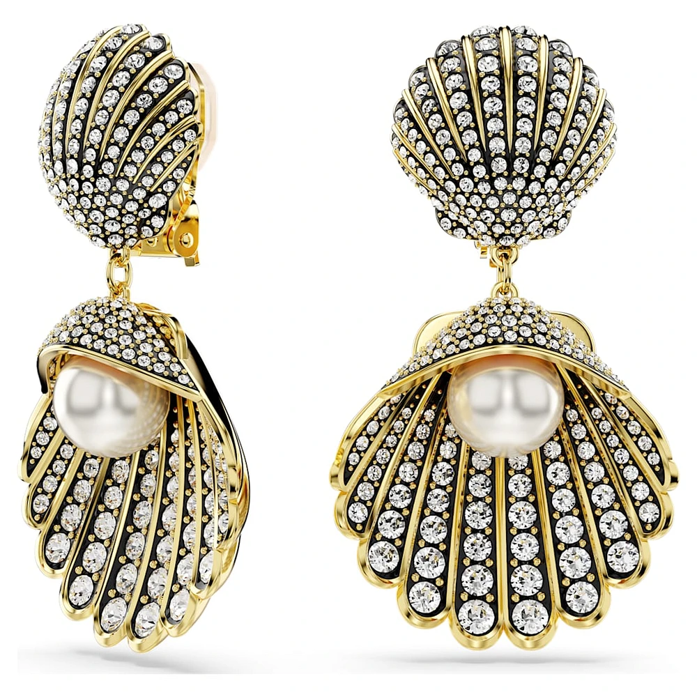 Idyllia clip earrings, Crystal pearl, Shell, White, Gold-tone plated by SWAROVSKI