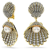 Idyllia clip earrings, Crystal pearl, Shell, White, Gold-tone plated by SWAROVSKI