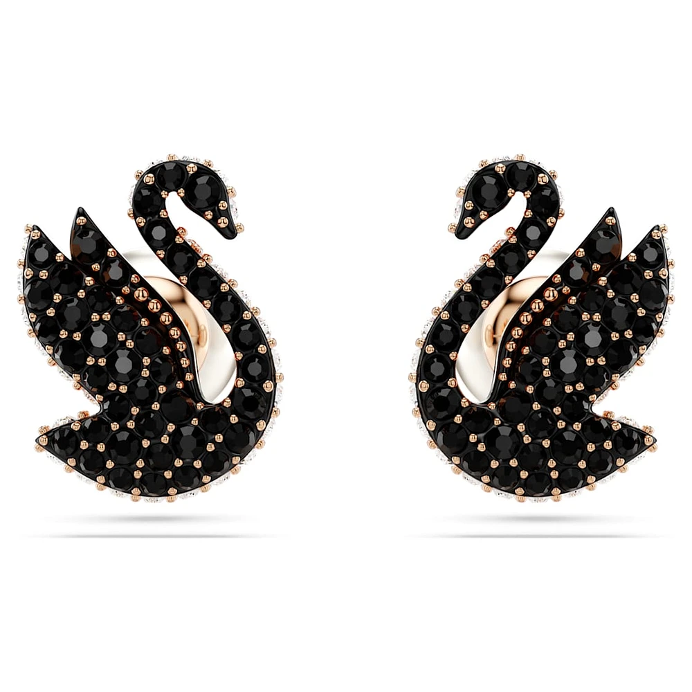 Swan stud earrings, Crystal pearl, Swan, Black, Rose gold-tone plated by SWAROVSKI