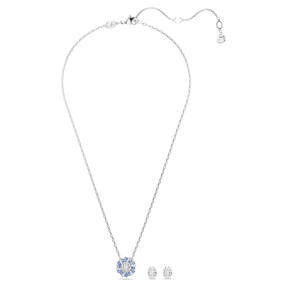 Idyllia set, Mixed cuts, Flower, Blue, Rhodium plated by SWAROVSKI