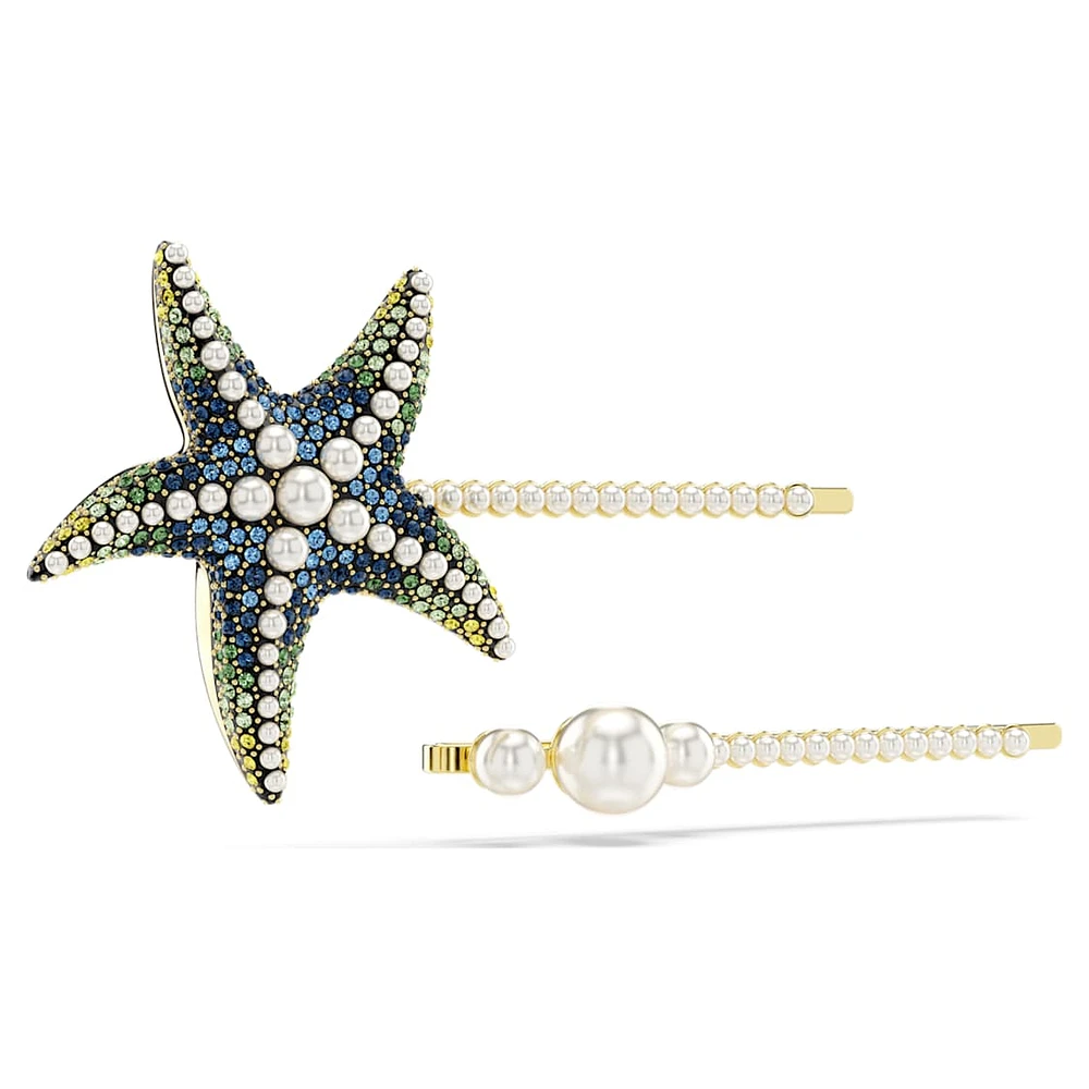 Idyllia hair pin, Set (2), Crystal pearls, Starfish, Multicoloured, Gold-tone plated by SWAROVSKI
