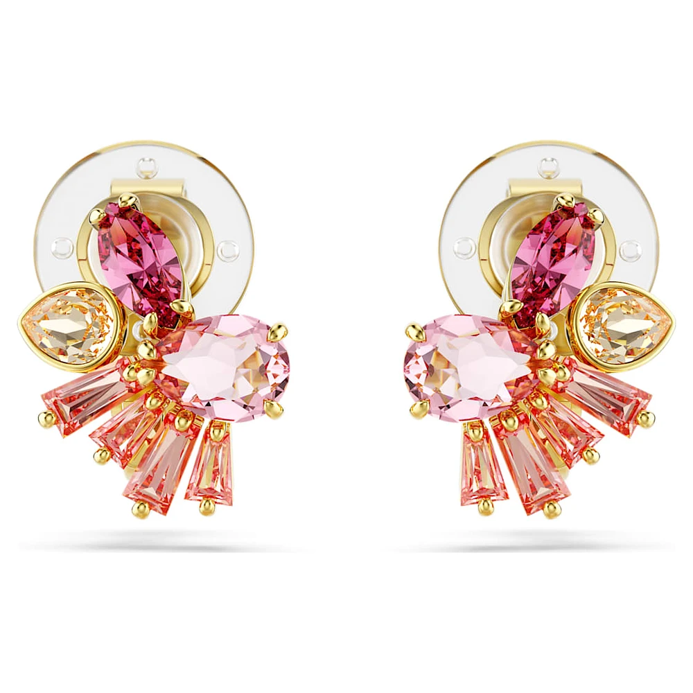 Gema clip earrings, Mixed cuts, Flower, Pink, Gold-tone plated by SWAROVSKI