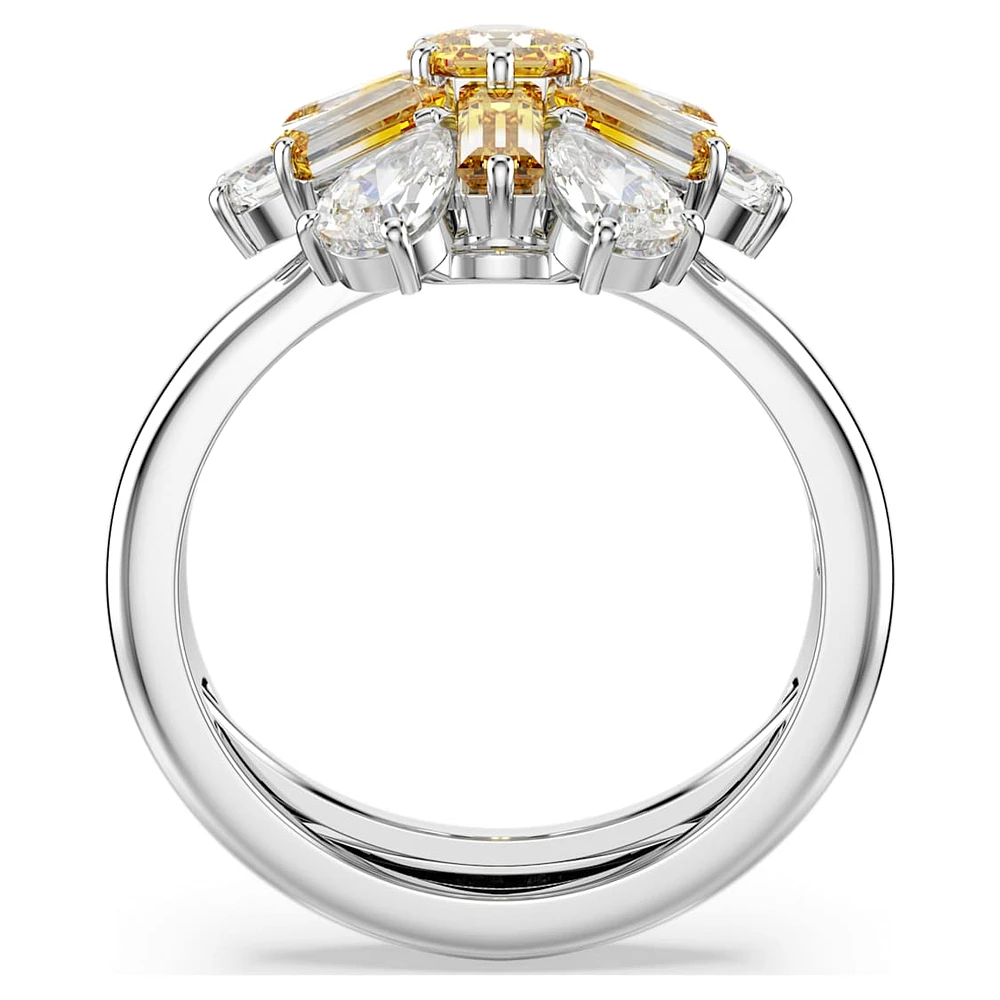 Idyllia cocktail ring, Mixed cuts, Flower, Yellow, Rhodium plated by SWAROVSKI