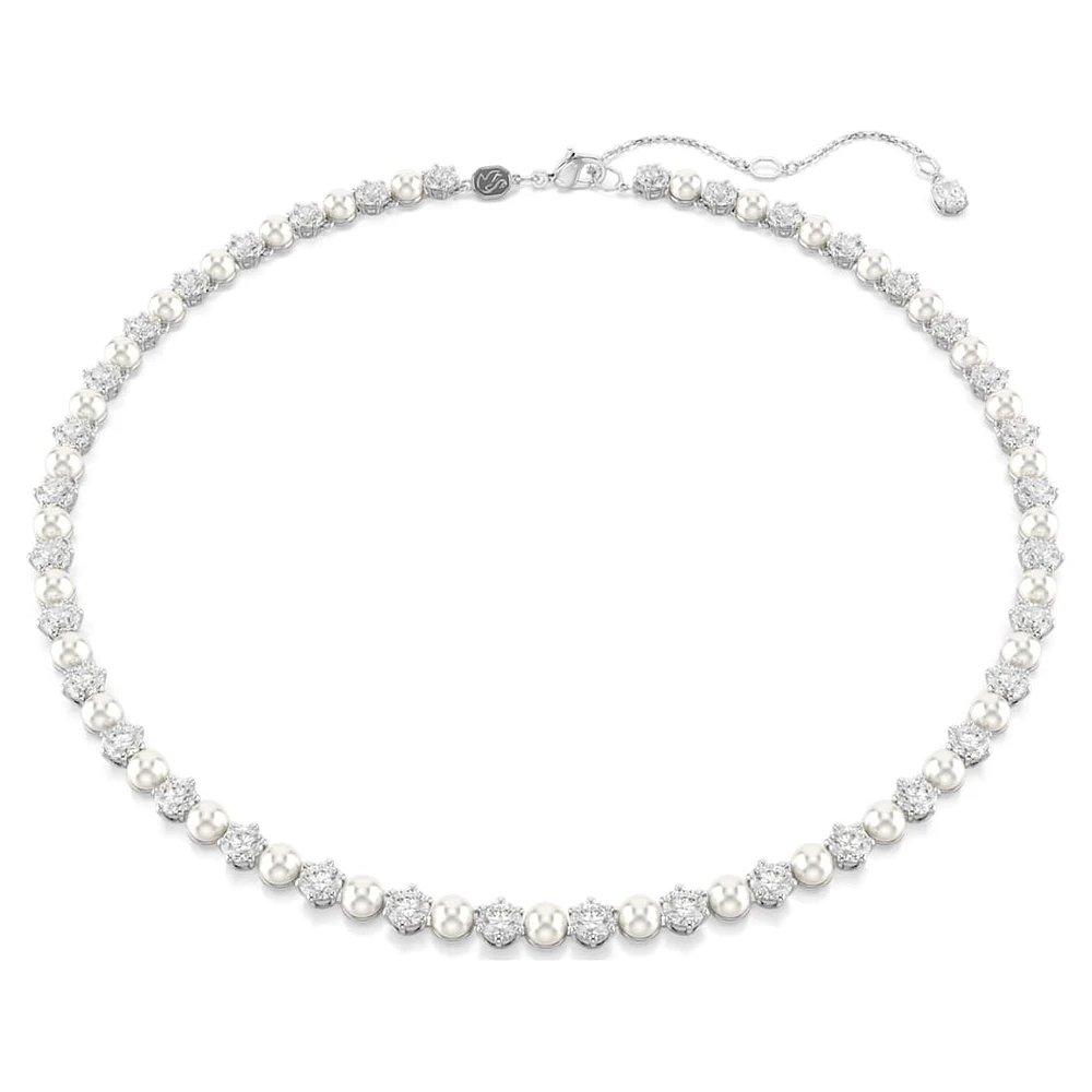 Matrix Tennis necklace, Crystal pearl, Round cut, White, Rhodium plated by SWAROVSKI