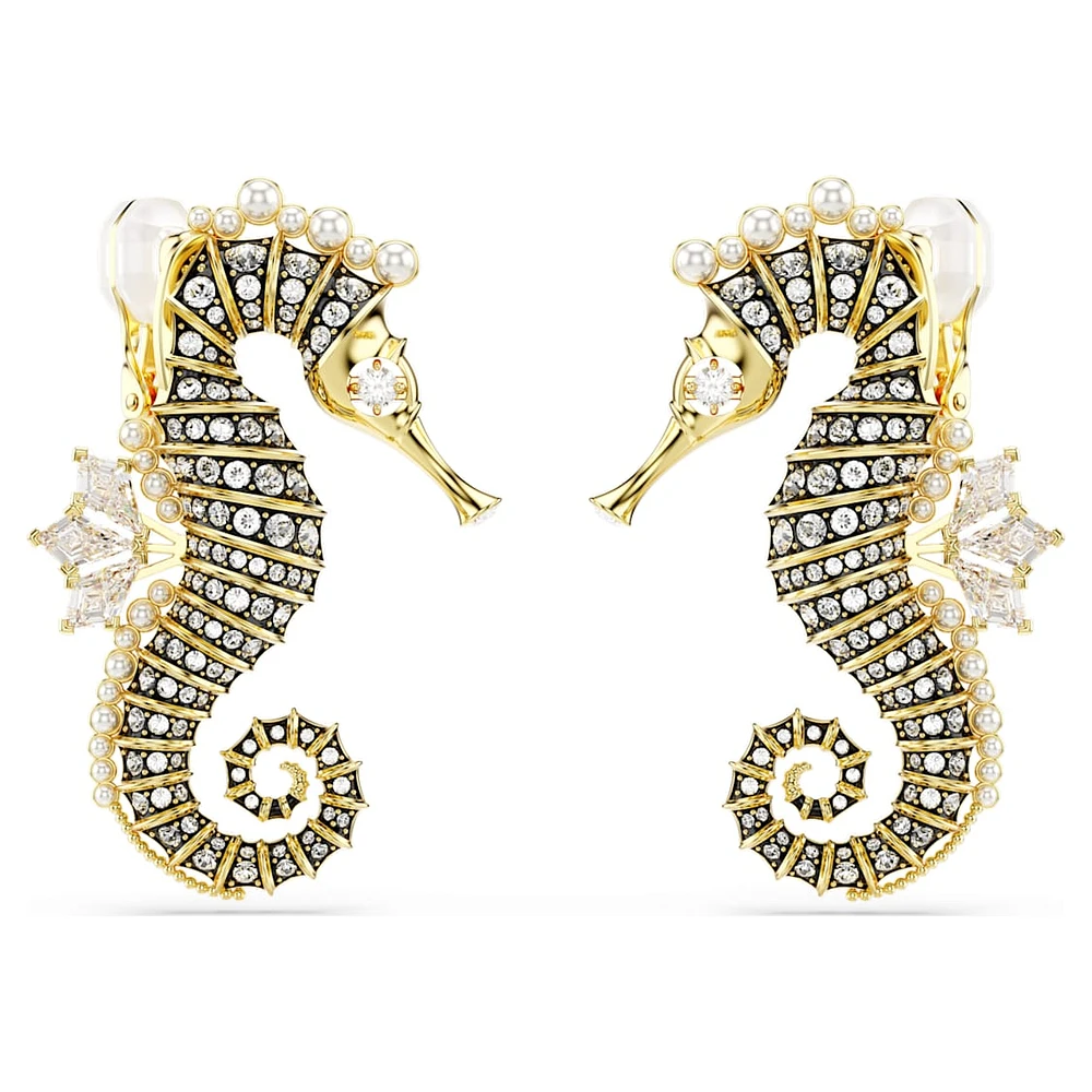Idyllia clip earrings, Crystal pearl, Seahorse, White, Gold-tone plated by SWAROVSKI