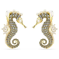 Idyllia clip earrings, Crystal pearl, Seahorse, White, Gold-tone plated by SWAROVSKI