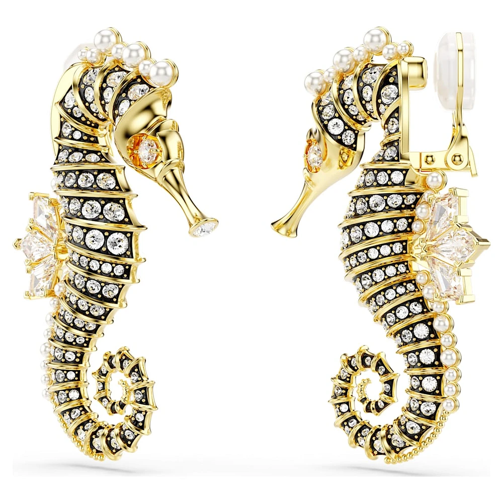 Idyllia clip earrings, Crystal pearl, Seahorse, White, Gold-tone plated by SWAROVSKI