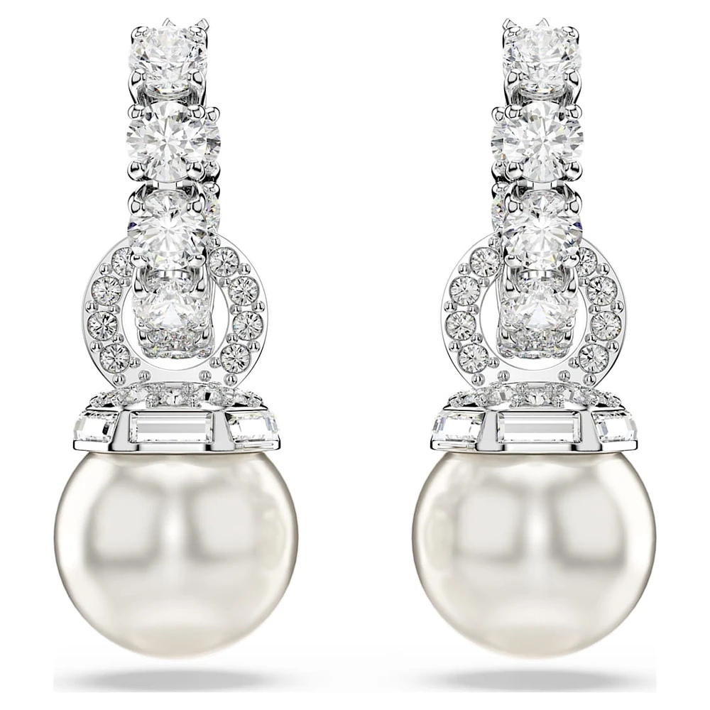 Matrix drop earrings, Crystal pearl, Round cut, White, Rhodium plated by SWAROVSKI