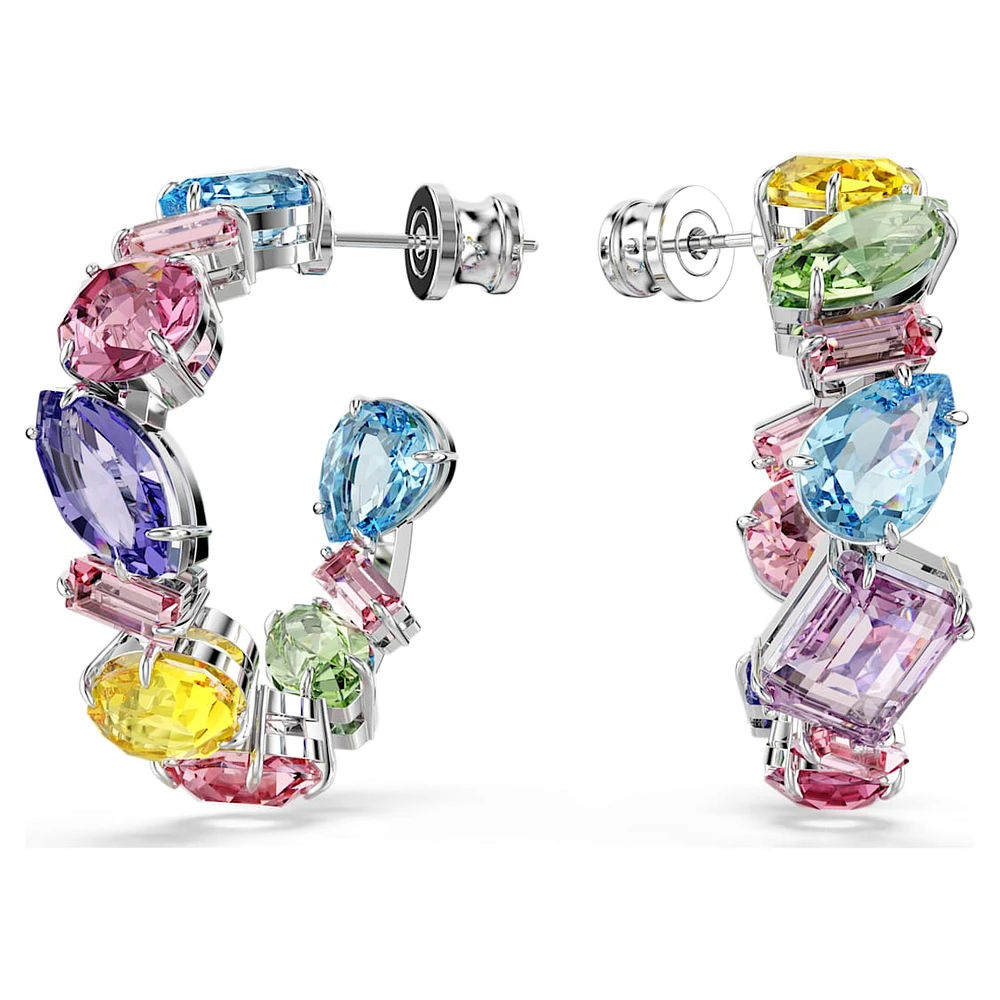 Gema hoop earrings, Asymmetrical design, Mixed cuts, Small, Multicoloured, Rhodium plated by SWAROVSKI